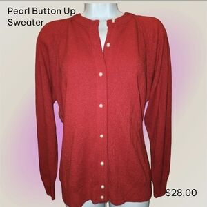 Designers Originals Luxelon Vintage Pearl Button Up Red Crew Neck Sweater Large